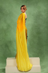 Yellow & Green Shaded Dupion Silk Saree with Gold Zari Floral Buti