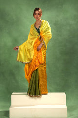 Yellow & Green Shaded Dupion Silk Saree with Gold Zari Floral Buti