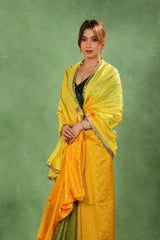 Yellow & Green Shaded Dupion Silk Saree with Gold Zari Floral Buti