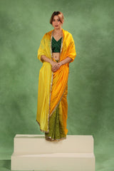 Yellow & Green Shaded Dupion Silk Saree with Gold Zari Floral Buti