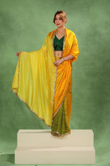 Yellow & Green Shaded Dupion Silk Saree with Gold Zari Floral Buti
