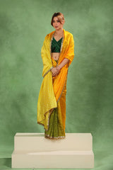 Yellow & Green Shaded Dupion Silk Saree with Gold Zari Floral Buti