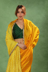 Yellow & Green Shaded Dupion Silk Saree with Gold Zari Floral Buti
