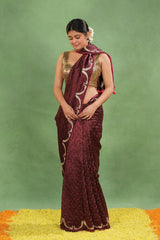 Maroon Dupion Silk Bandhej Saree with Cutdana Mayur Motif