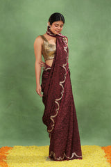 Maroon Dupion Silk Bandhej Saree with Cutdana Mayur Motif