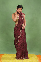 Maroon Dupion Silk Bandhej Saree with Cutdana Mayur Motif