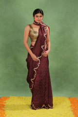 Maroon Dupion Silk Bandhej Saree with Cutdana Mayur Motif