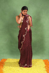 Maroon Dupion Silk Bandhej Saree with Cutdana Mayur Motif