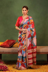 Shop this Multicolor Dupion Silk Wedding Saree featuring digital abstract prints and Pitta Zari border. Includes dual blouse pieces.