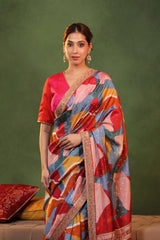 Multicolor Dupion Silk Bridal Saree with Digital Print & Pitta Zari