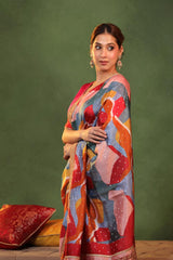 Multicolor Dupion Silk Bridal Saree with Digital Print & Pitta Zari