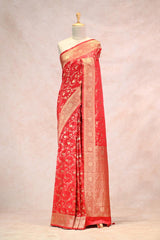 Red Semi-Satin Silk Saree with Gold Zari Woven Floral Jaal