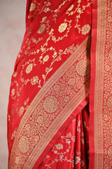 Red Semi-Satin Silk Saree with Gold Zari Woven Floral Jaal