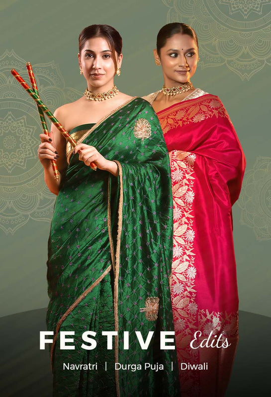 Two women in traditional Banarasi sarees with a perfect festive ready look for Navratri and Diwali Sarees text on sage green background