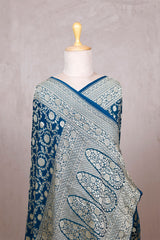Teal Blue Georgette Saree with Jangla Floral Work