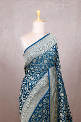 Teal Blue Georgette Saree with Jangla Floral Work