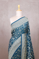 Teal Blue Georgette Saree with Jangla Floral Work