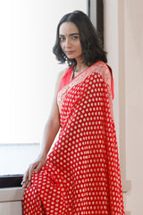 Georgette Khaddi Red Banarasi Saree with Gold Zari Motifs