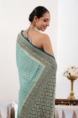 Powder Blue Banarasi Georgette Khaddi Silk Saree with Blue Border