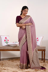 Mauve Banarasi Georgette Khaddi Silk Saree with Wine Border