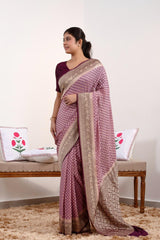Mauve Banarasi Georgette Khaddi Silk Saree with Wine Border