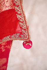 Pink and Red Shaded Georgette Khaddi Silk Saree with Gold Zari Floral Jaal