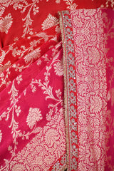 Pink and Red Shaded Georgette Khaddi Silk Saree with Gold Zari Floral Jaal