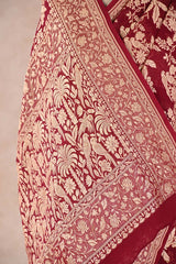 Maroon Pure Georgette Khaddi Banarasi Saree with Floral Bird Motifs