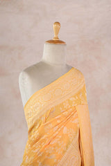 Yellow Pure Georgette Khaddi Banarasi Saree with Floral Pakshi Motifs