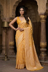 Yellow Pure Georgette Khaddi Banarasi Saree with Floral Pakshi Motifs