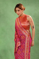 Magenta Pink Georgette Bandhani Saree with Paithani Border and Gharchola Pallu