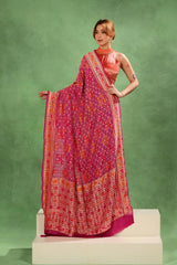 Magenta Pink Georgette Bandhani Saree with Paithani Border and Gharchola Pallu