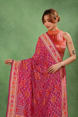 Magenta Pink Georgette Bandhani Saree with Paithani Border and Gharchola Pallu