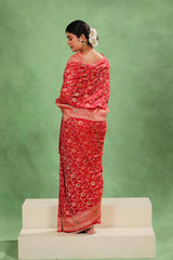 Red Georgette Bridal Bandhej Saree with Gold Zari Jaal and Meenakari