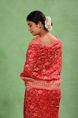 Red Georgette Bridal Bandhej Saree with Gold Zari Jaal and Meenakari