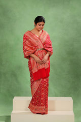 Red Georgette Bridal Bandhej Saree with Gold Zari Jaal and Meenakari
