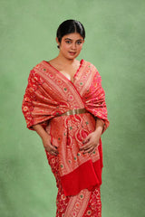 Red Georgette Bridal Bandhej Saree with Gold Zari Jaal and Meenakari