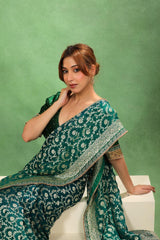 Rama Green Pure Georgette Khaddi Silk Saree with Gold Zari Jaal