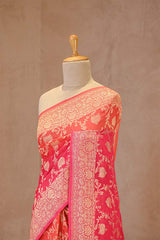 Pink and Peach Shaded Georgette Khaddi Silk Saree with Gold Zari Floral Jaal