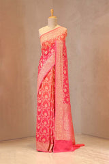 Pink and Peach Shaded Georgette Khaddi Silk Saree with Gold Zari Floral Jaal