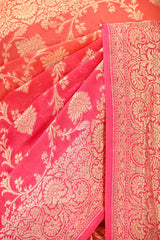 Pink and Peach Shaded Georgette Khaddi Silk Saree with Gold Zari Floral Jaal