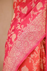 Pink and Peach Shaded Georgette Khaddi Silk Saree with Gold Zari Floral Jaal