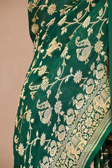 Green Banarasi Georgette Khaddi Silk Saree with Gold Zari