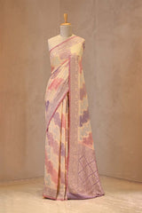 Pastel Mauve Rangkat Georgette Khaddi Silk Saree with Gold Zari Work