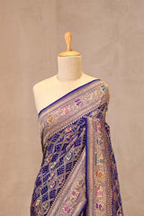 Ink Blue Georgette Bandhani Saree with Paithani Border and Gharchola Pallu