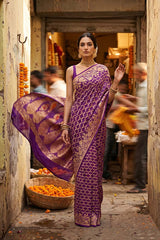 Purple Bandhej Georgette Khaddi Silk Saree with Zari Weave
