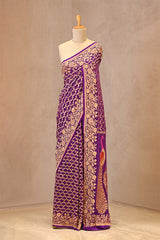 Purple Bandhej georgette khaddi silk saree with gold zari design, mayur border and peacock pallu
