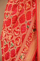 Scarlet Red Bandhej Silk Saree with Shikargah Motifs & Gharchola Pallu