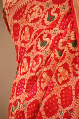 Scarlet Red Bandhej Silk Saree with Shikargah Motifs & Gharchola Pallu