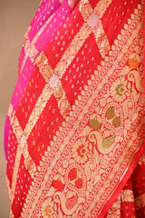 Rani Pink & Scarlet Bandhani Silk Saree with Gharchola & Peacock Pallu